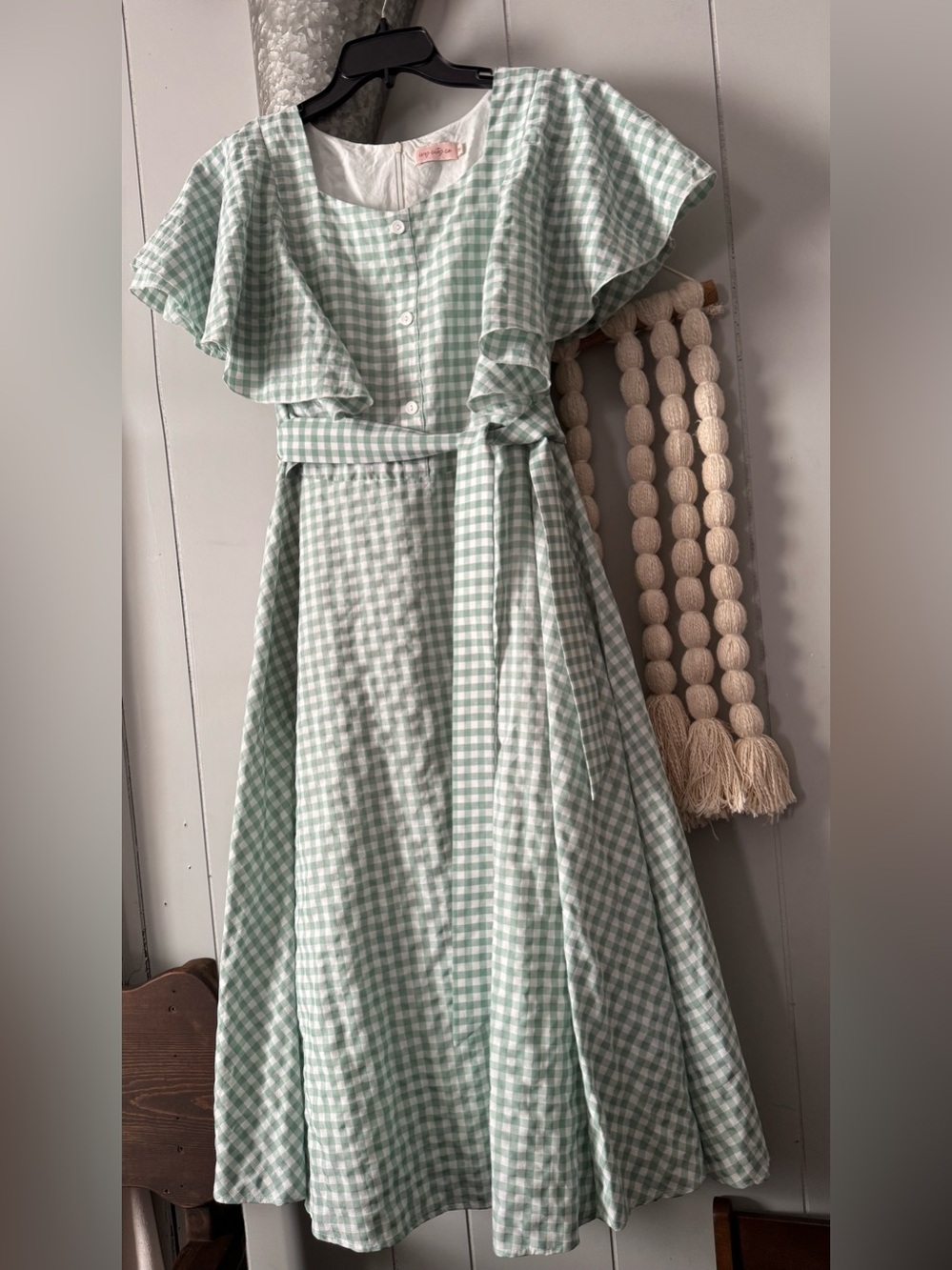 Ivy City Co Mint Green Gingham long Dress with Ruffle Shoulders